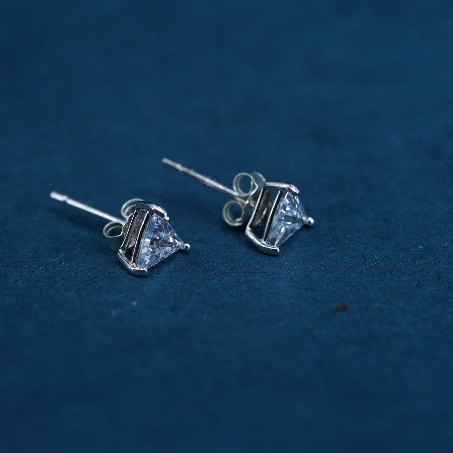 Vintage sterling silver handmade earrings, 925 triangular studs with CZ
