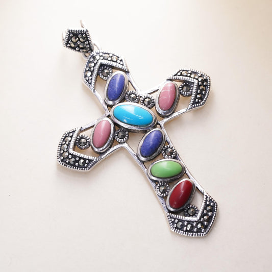 Vintage Sterling 925 silver handmade cross pendant with marcasite onyx stones