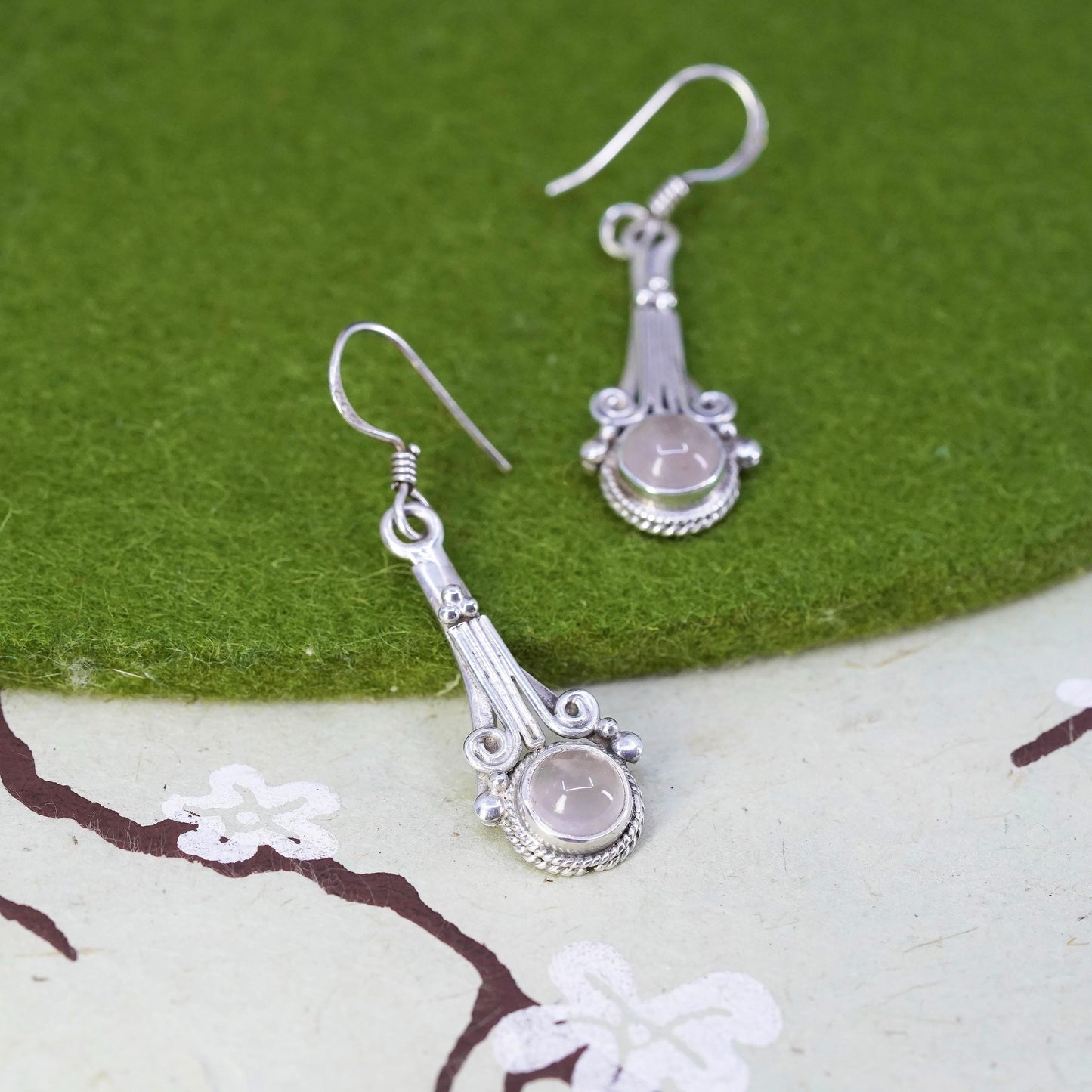 Vintage Sterling 925 silver handmade earrings with pink quartz and beads