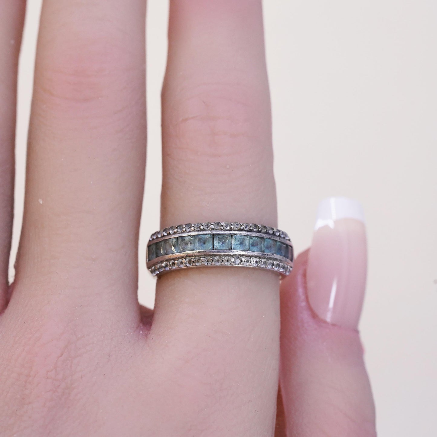 Size 7.25, VTG sterling 925 silver handmade stackable band ring square topaz