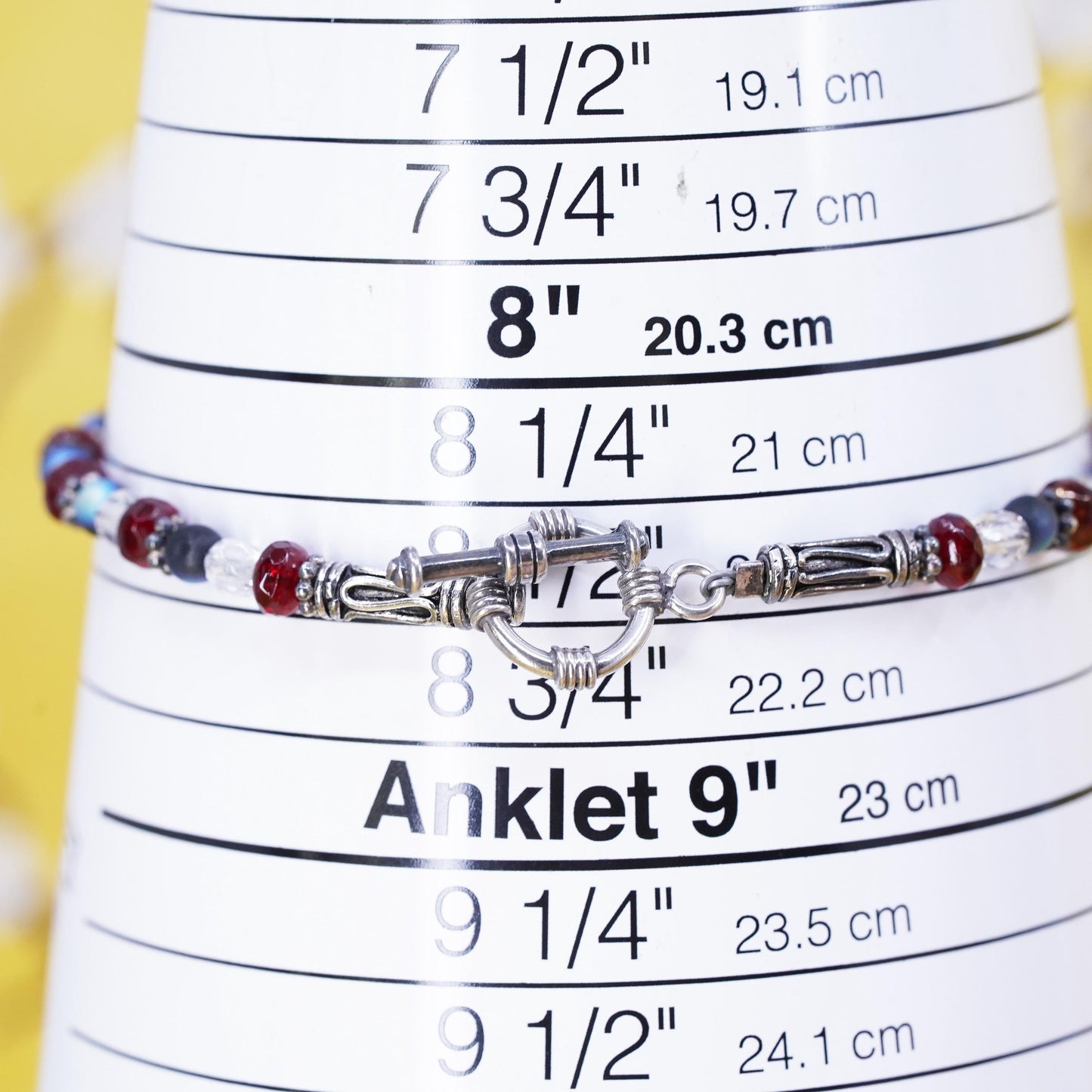 8.5”, Vintage Sterling 925 silver bracelet with beads crystal toggle closure