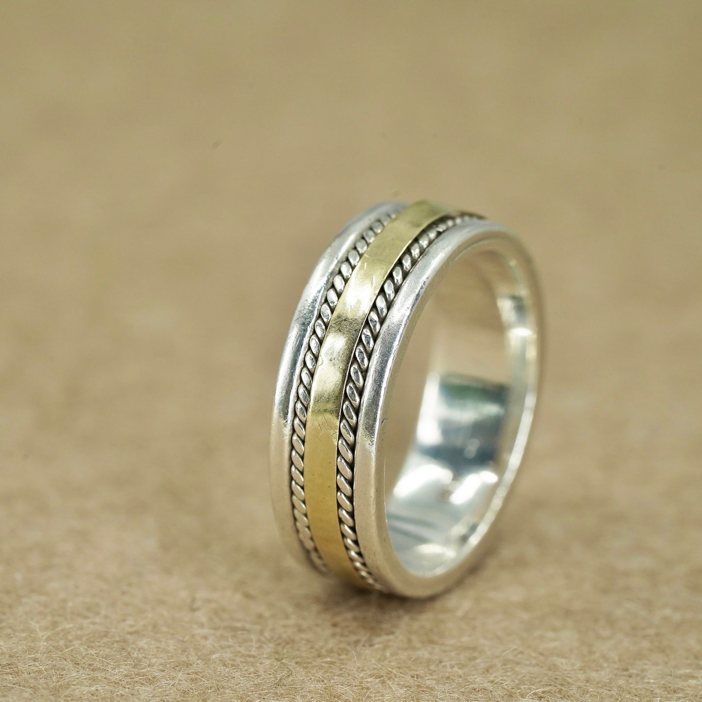 Size 9.25, vintage two tone 10K Sterling 925 silver wedding ring, band