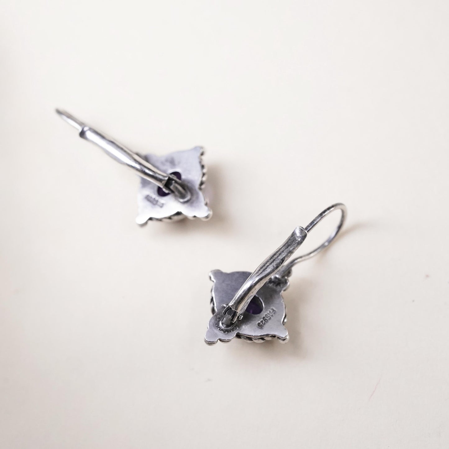 Vintage Sterling 925 silver handmade earrings with circle amethyst and beads