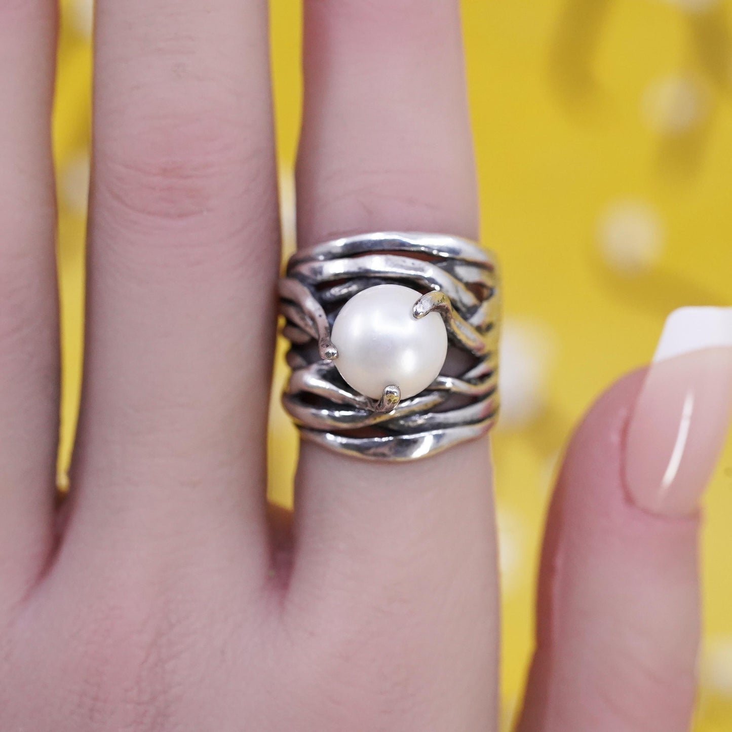 Size 6.75, VTG Israel Noa Zuman sterling silver 925 handmade vine ring pearl
