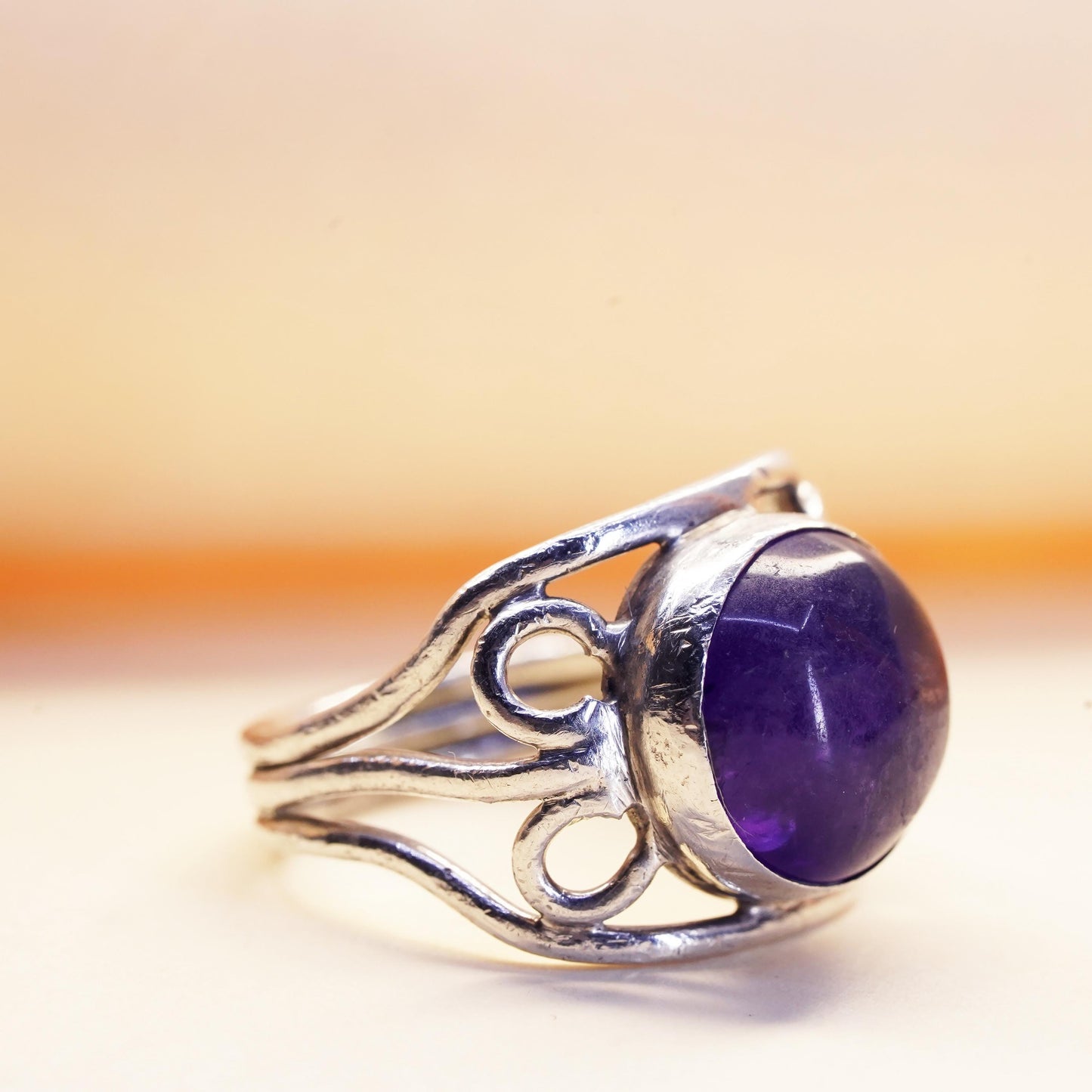 Size 8, vintage Sterling silver handmade ring, 925 band with dome amethyst