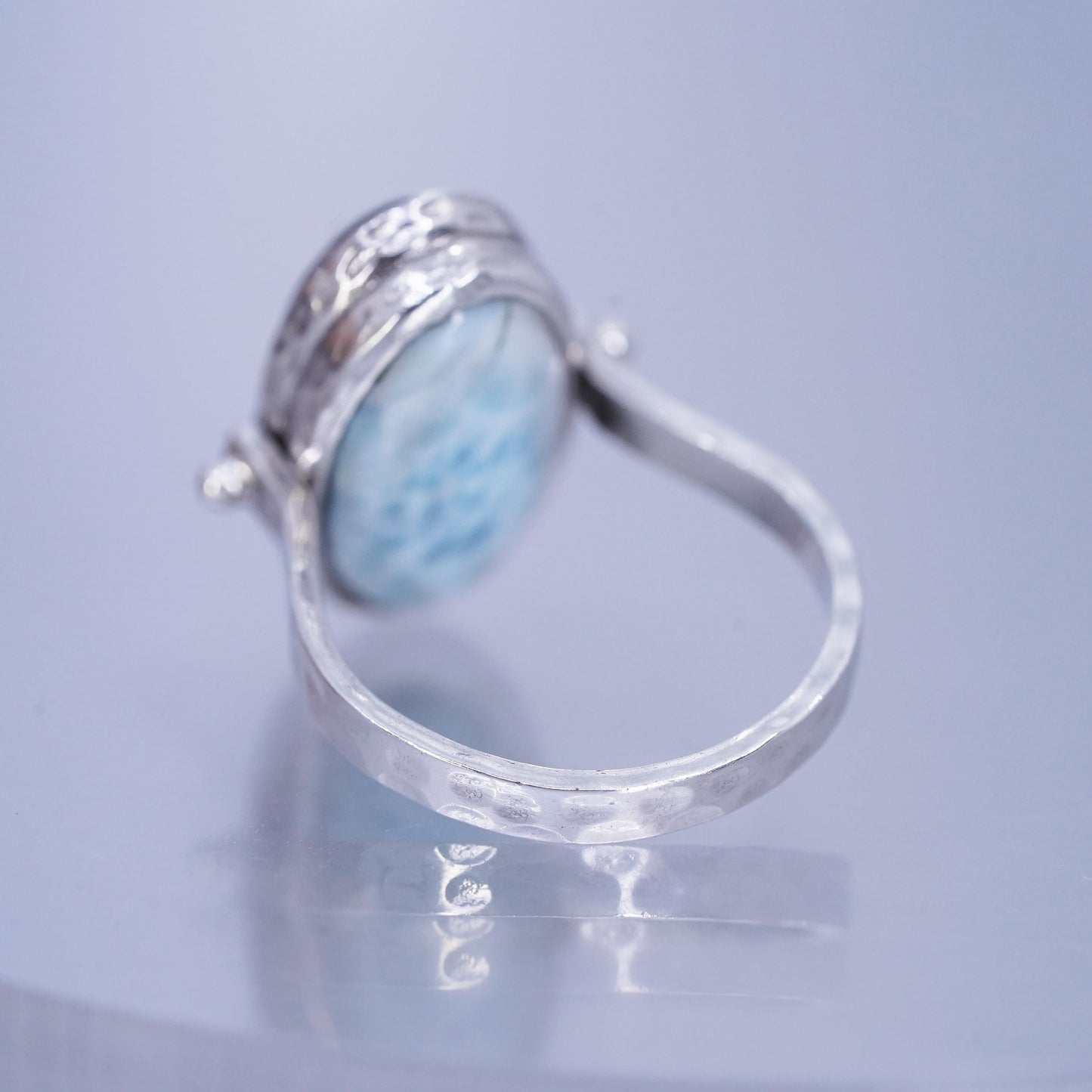 Size 7.5, Sterling 925 silver ring, double sided band with larimar labradorite