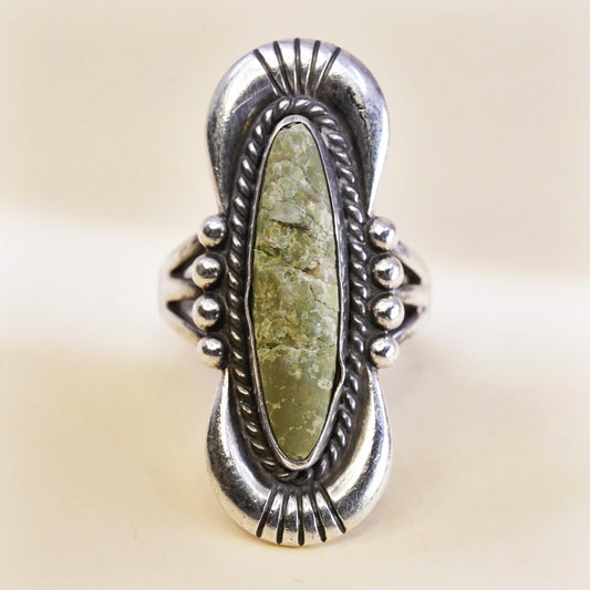 size 6.25, Native American 925 Sterling Silver Long Oval Green Turquoise Ring