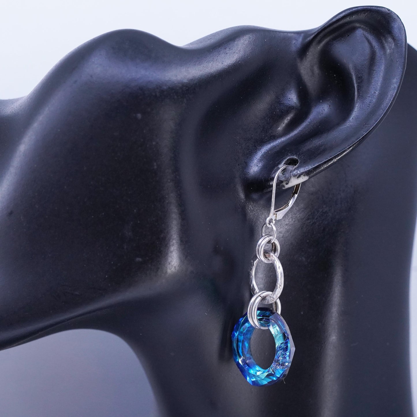 Vintage Sterling 925 silver handmade entwined circle earrings blue AB crystal
