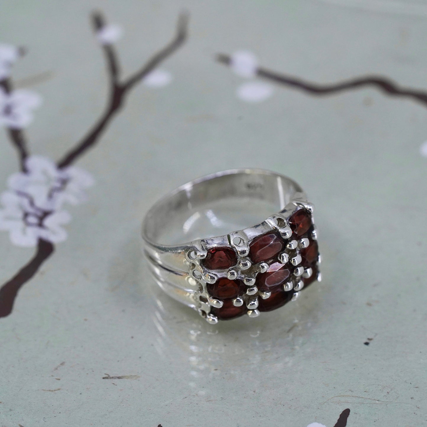 Size 9.75, vintage sterling silver 925 handmade ring with cluster ruby