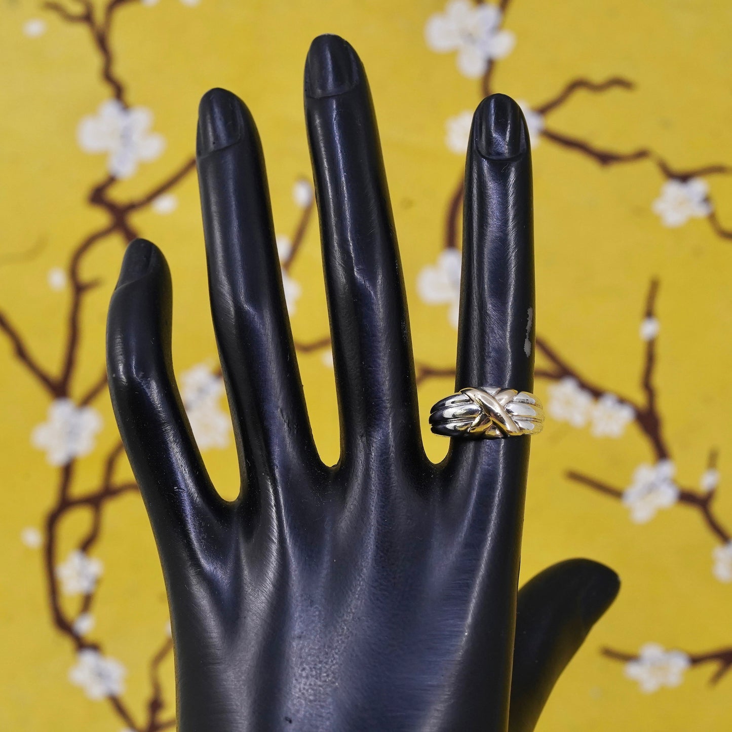 Size 6, VTG two tone Sterling silver handmade ring, 925 band w/ gold tone cross