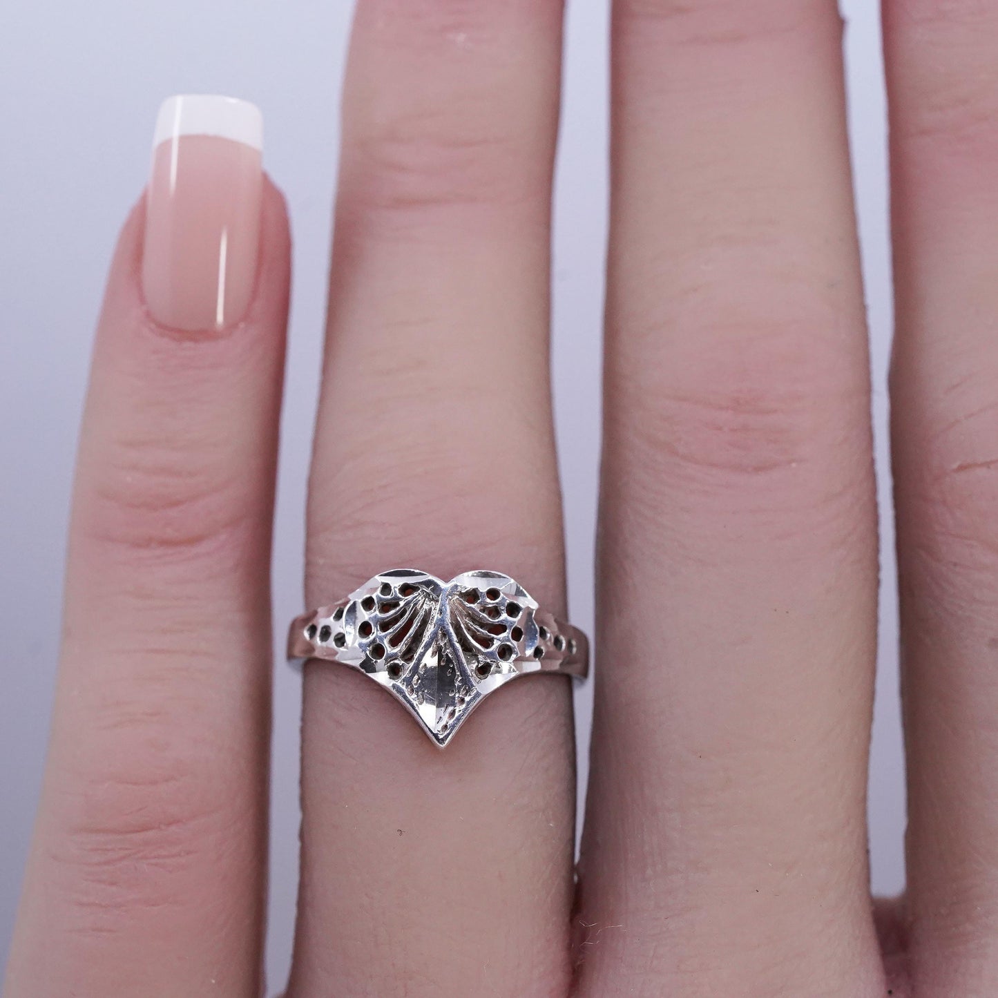 Size 6, Vintage Sterling Silver Handmade Ring, 925 Silver Filigree heart band