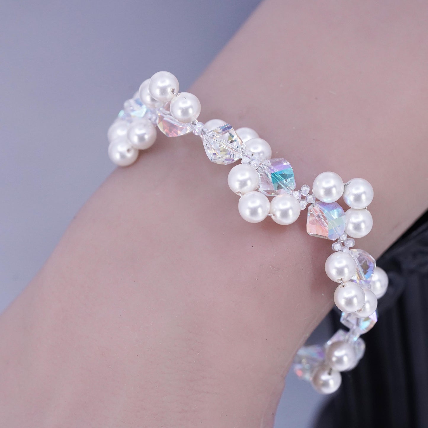 7.25", Sterling 925 silver bracelet cluster faux pearl, AB crystal heart clasp
