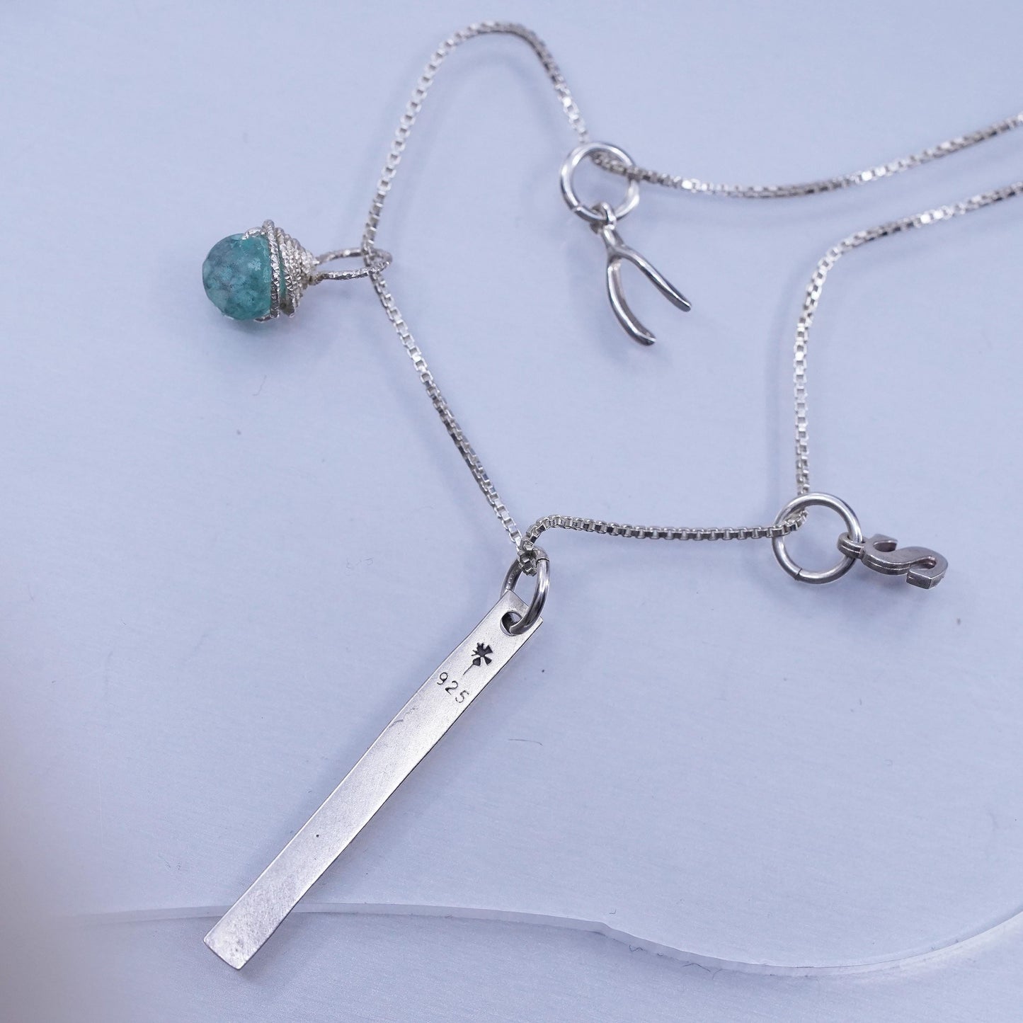 16”, Sterling 925 silver box necklace wishbone S best friends charms pendant