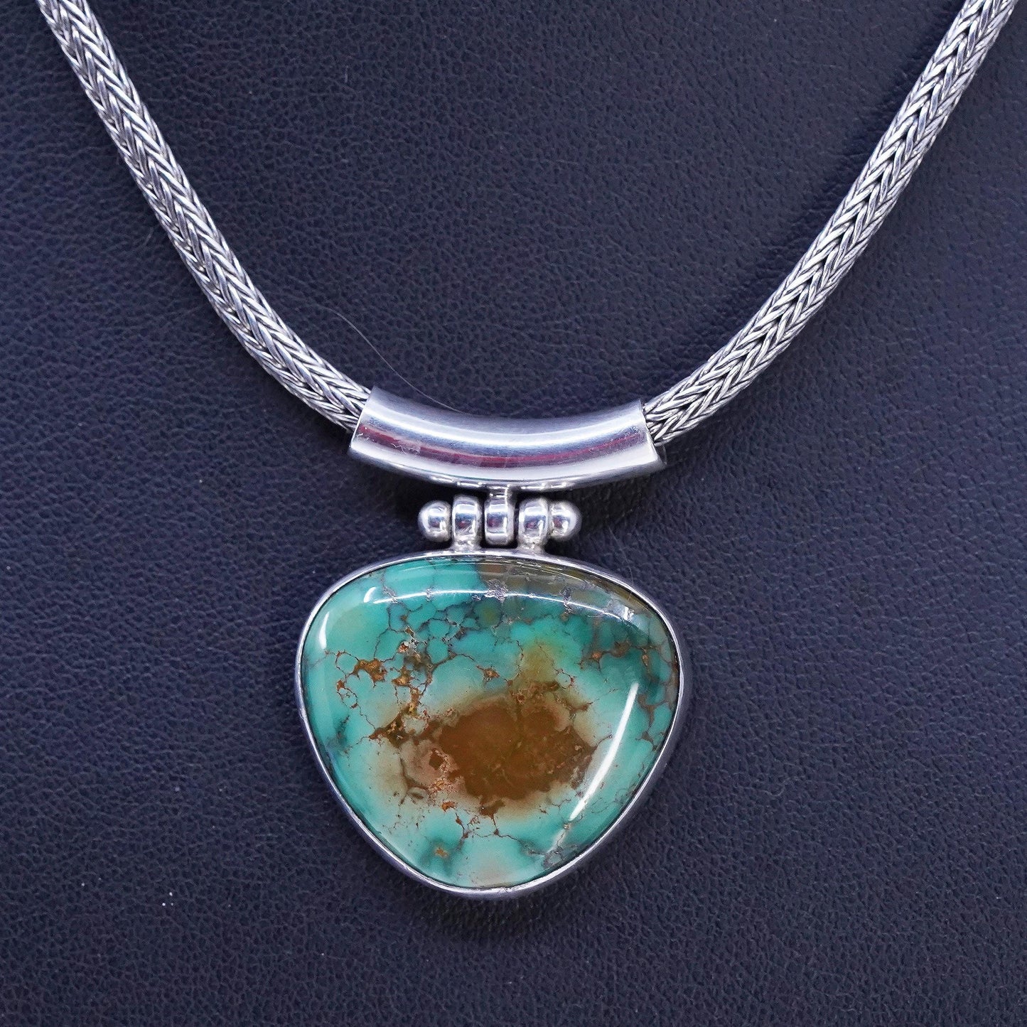 16", vintage Sterling 925 silver bold wheat chain necklace turquoise pendant