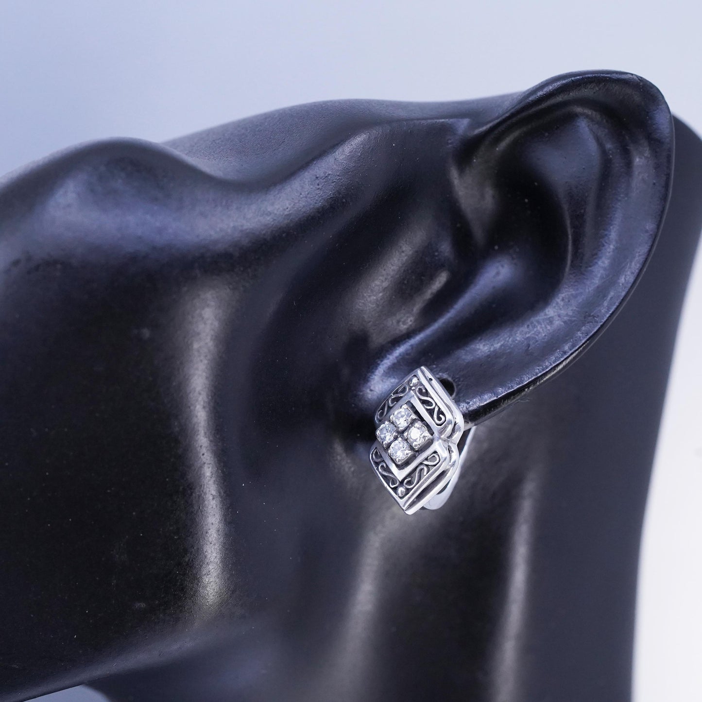 Vintage European Sterling 925 silver filigree earrings, studs with cz