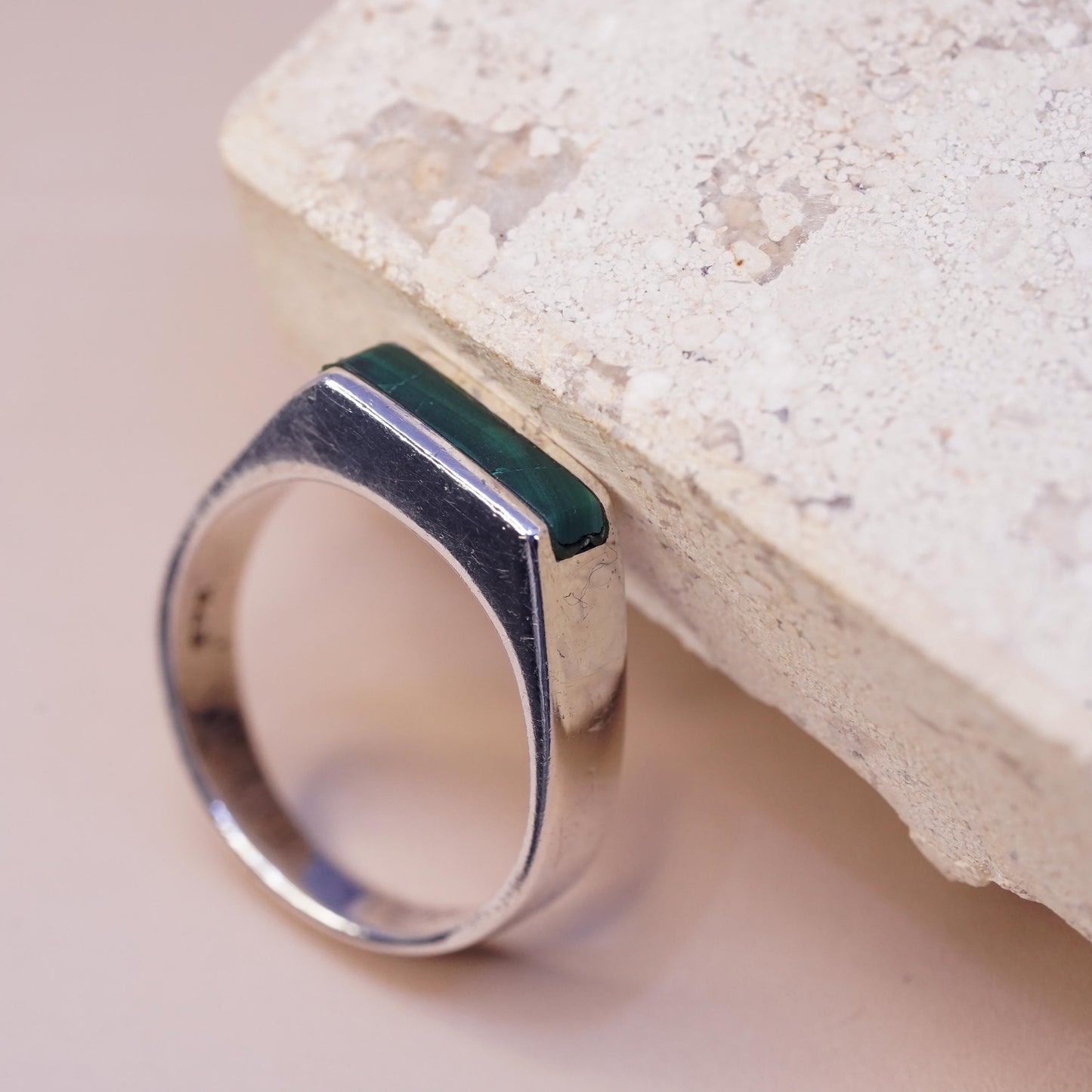 Size 7.25, vintage Sterling silver engagement ring, 925 band with malachite