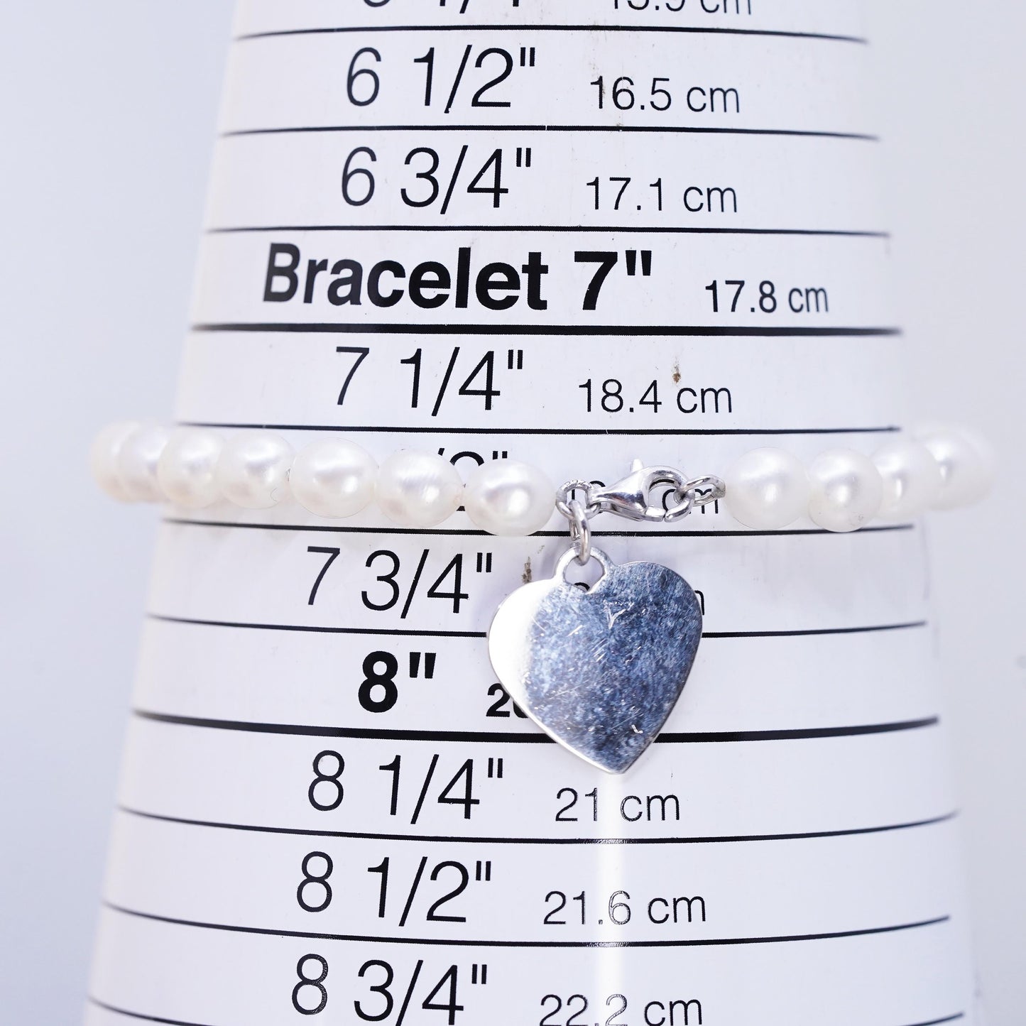 7.5”, VTG sterling silver bracelet, pearl beads 925 heart charm “I am loved”