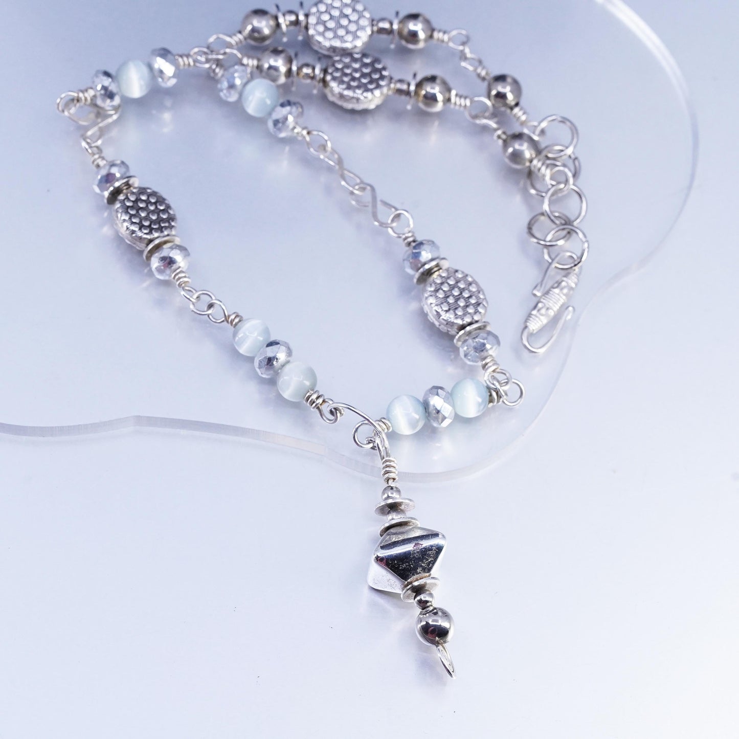 20", Native American Sterling 925 silver necklace gray tiger eye beads pendant