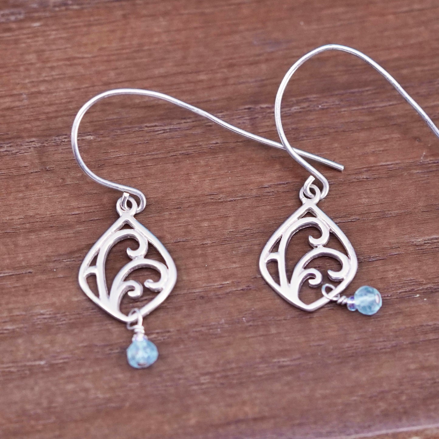 Vintage sterling 925 silver handmade filigree earrings with blue crystal