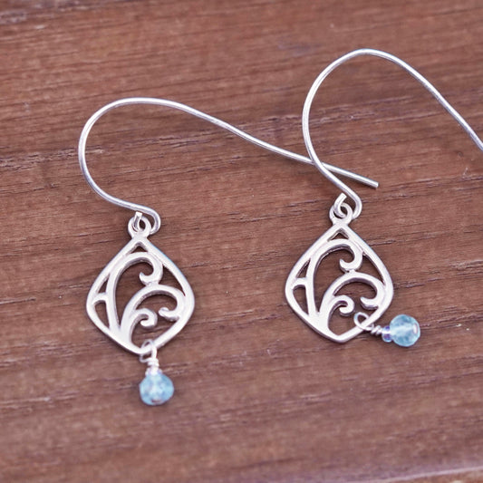 Vintage sterling 925 silver handmade filigree earrings with blue crystal