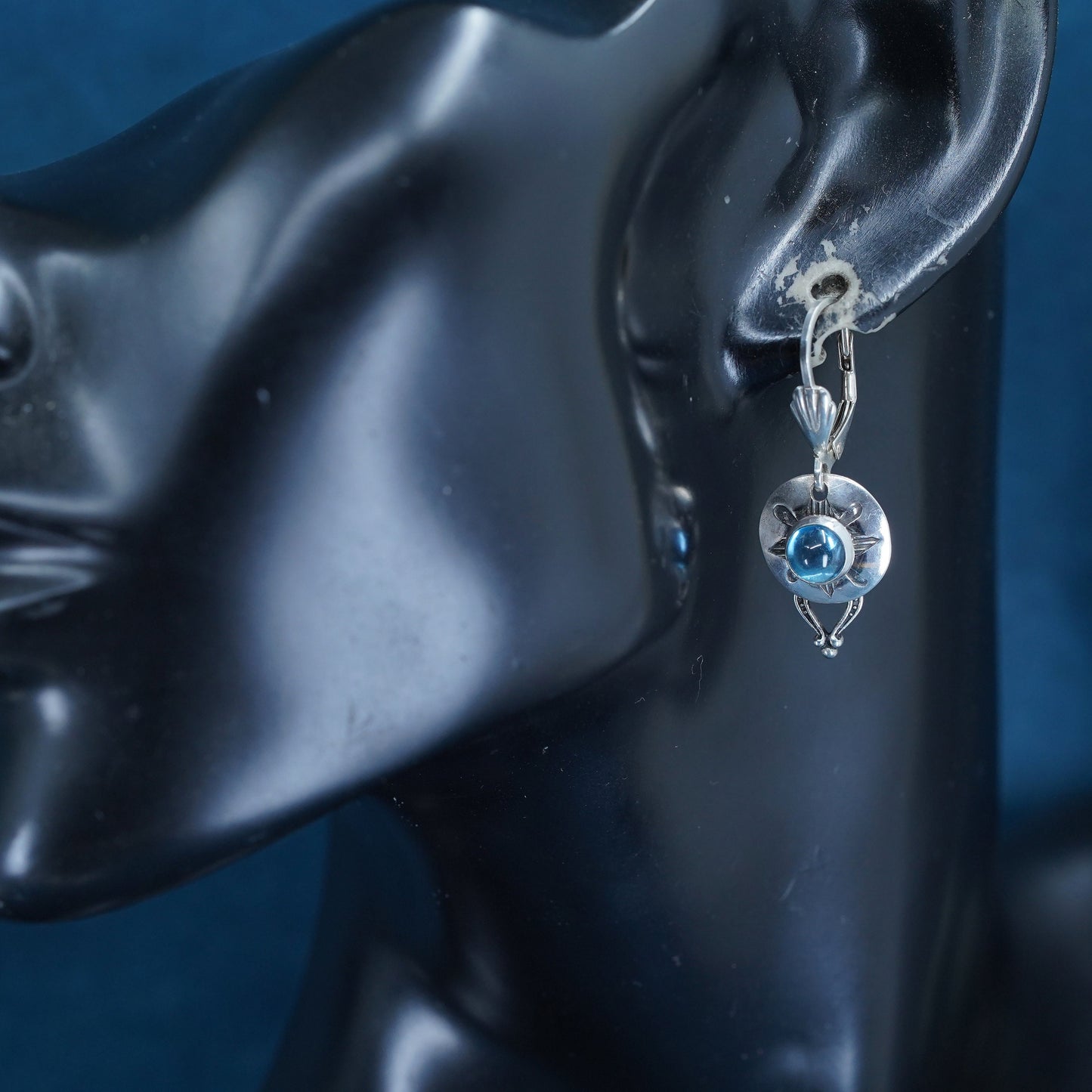 Vintage sterling 925 silver handmade sun earrings w/ blue crystal heart charms