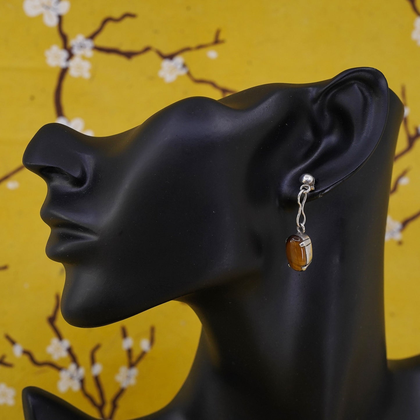 Vintage Sterling 925 silver handmade earrings with golden tiger eye beads