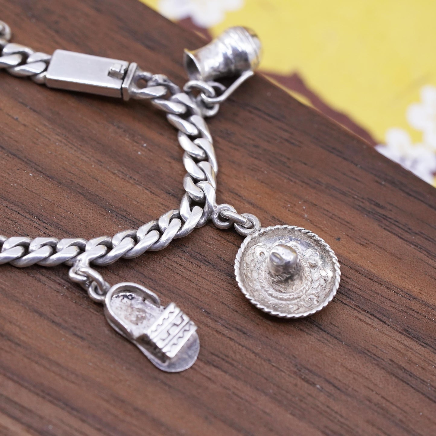 5”, Mexico Sterling Silver 925 Sombrero Mayan calendar sandal Charm Bracelet