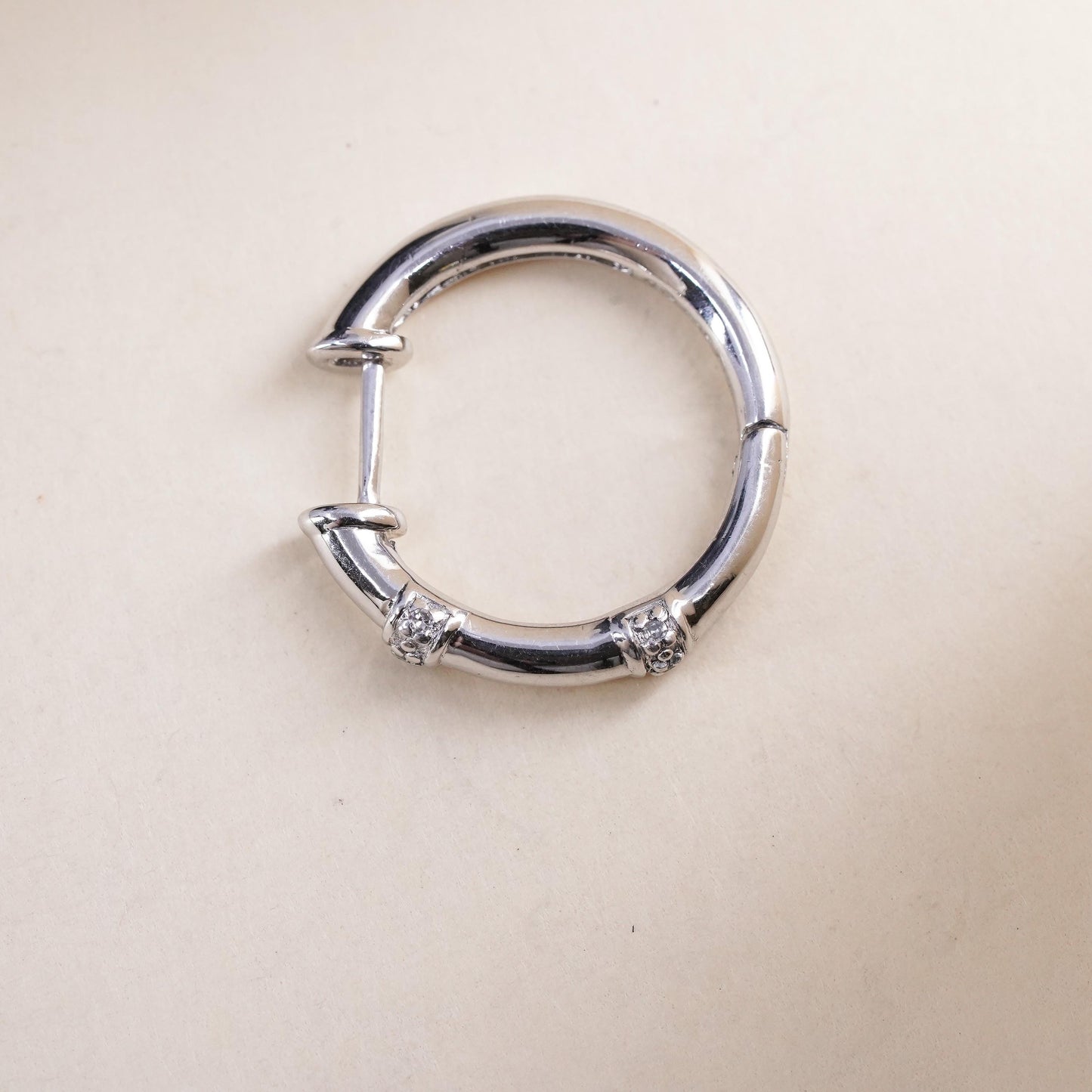 0.75", Vintage sterling silver loop single earring, bamboo hoop with diamonds