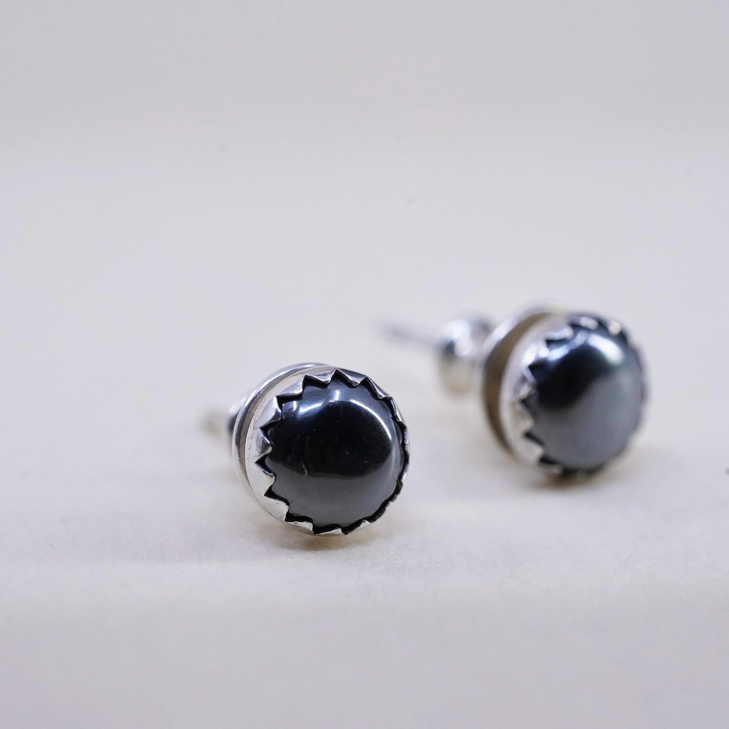 Vintage southwestern sterling 925 silver Handmade studs hematite inlay earrings
