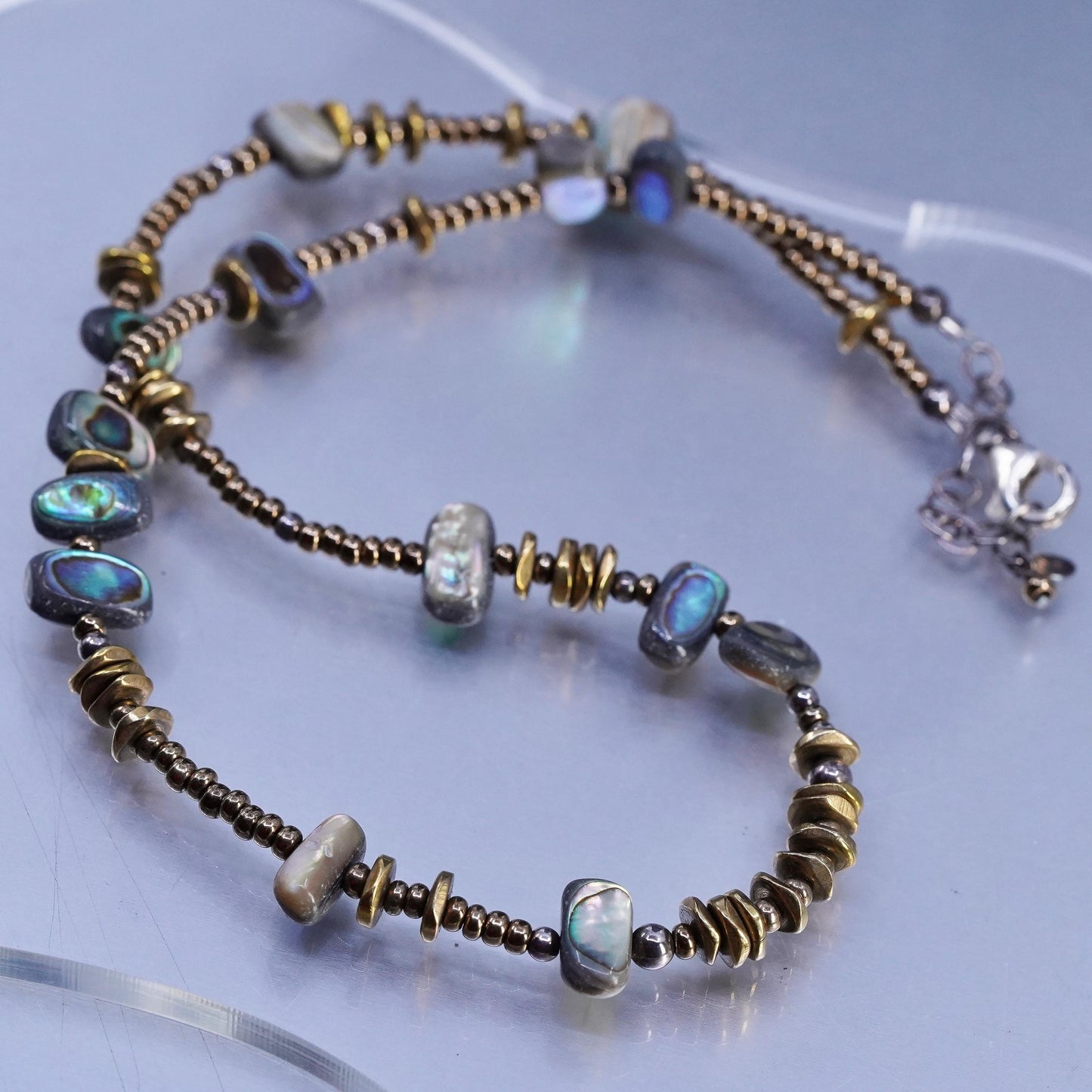 16+2", vtg 925 Sterling 925 Silver Handmade Necklace with brass abalone beads
