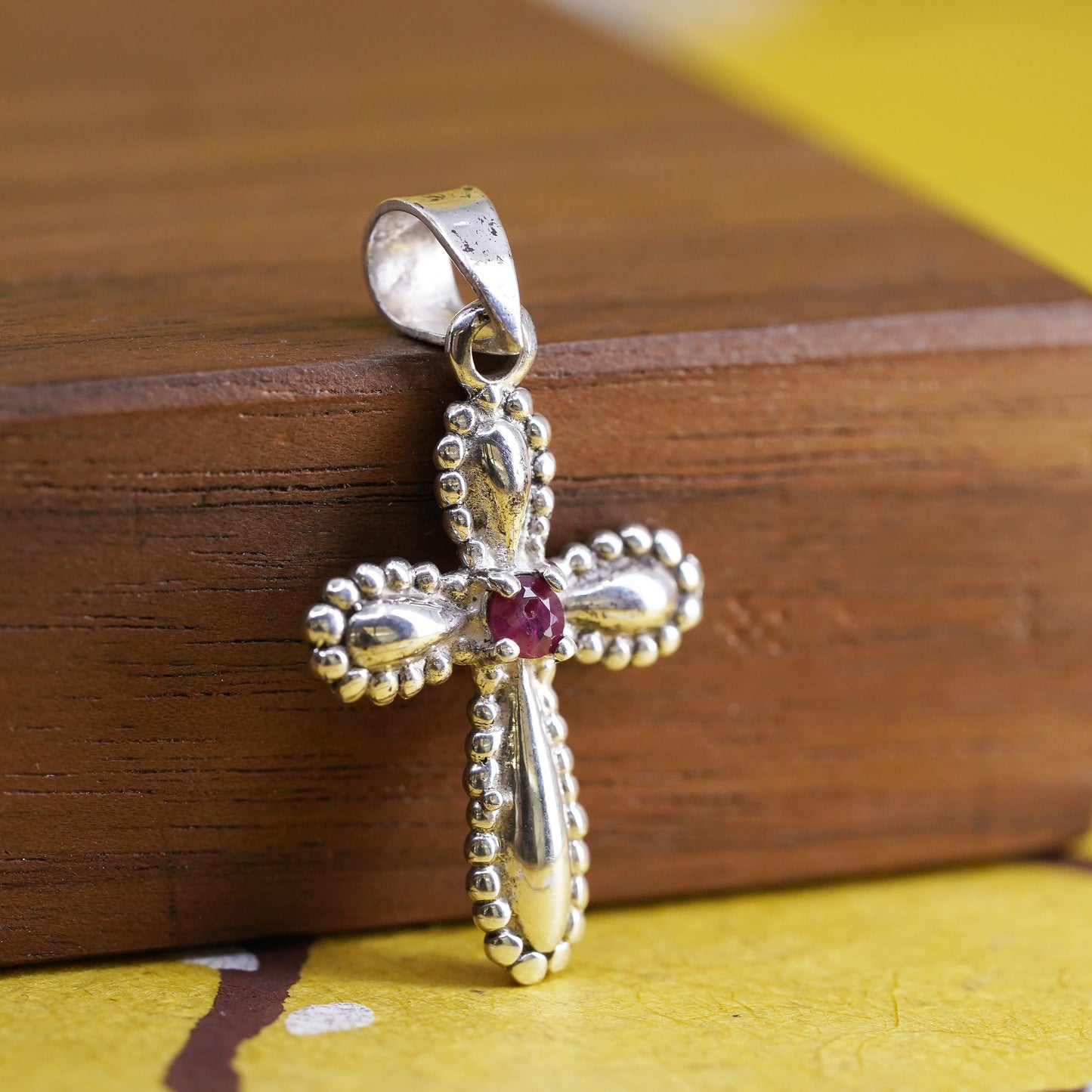 Vintage Sterling silver handmade pendant, 925 cross with Ruby and beads details