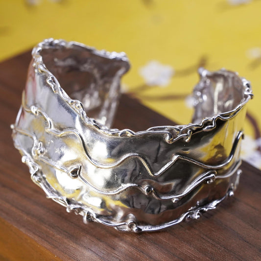 6.5", Vintage Sterling silver handmade bracelet, 925 wide cuff hammered texture