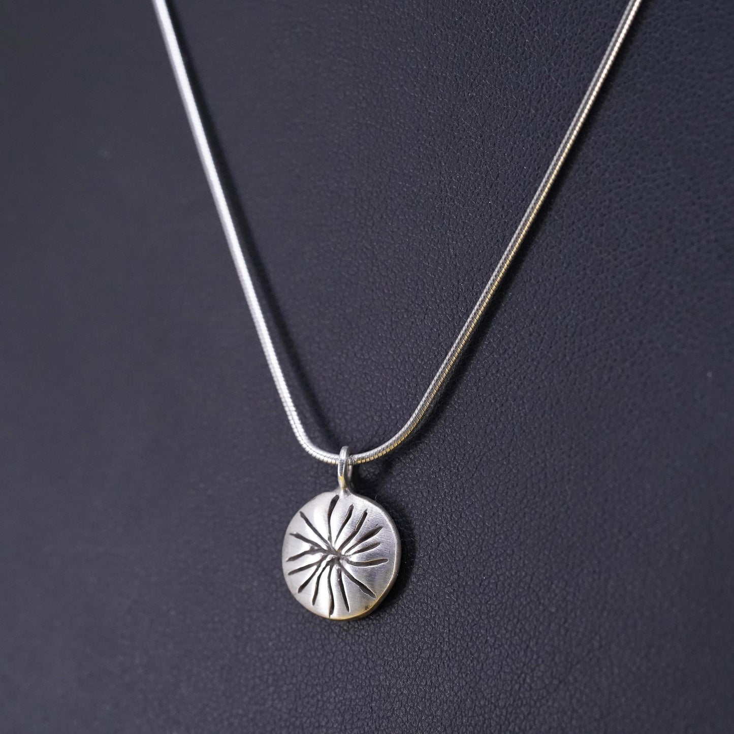 16”, vintage Sterling silver necklace, 925 snake chain sun circle tag pendant