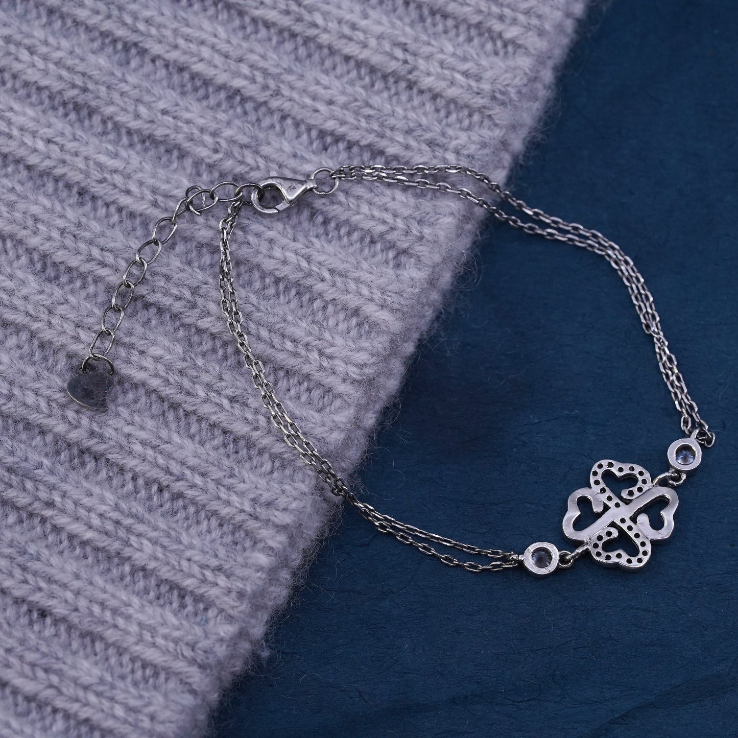 6.5+1", Sterling silver bracelet, multi strands 925 chain clover charm ruby