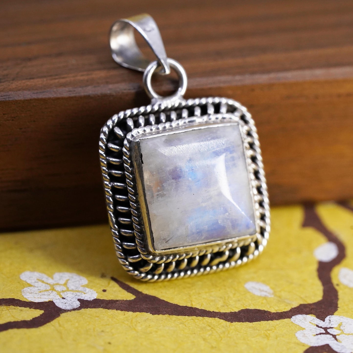 Vintage Sterling Silver Handmade Pendant, solid 925 silver square w/ moonstone
