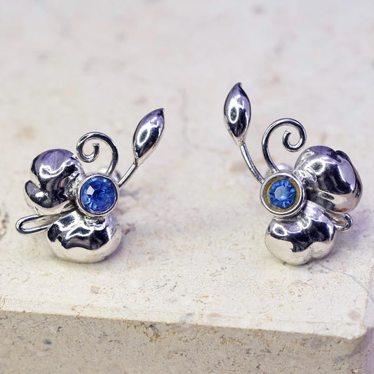 Vintage Sterling 925 silver screw back flower earrings with blue Rhinestone