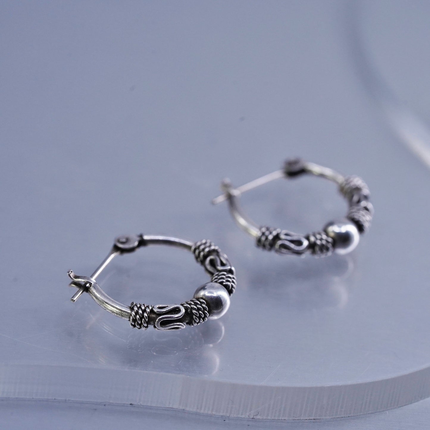0.5”, vintage Sterling silver handmade earrings, 925 hoops bali beads
