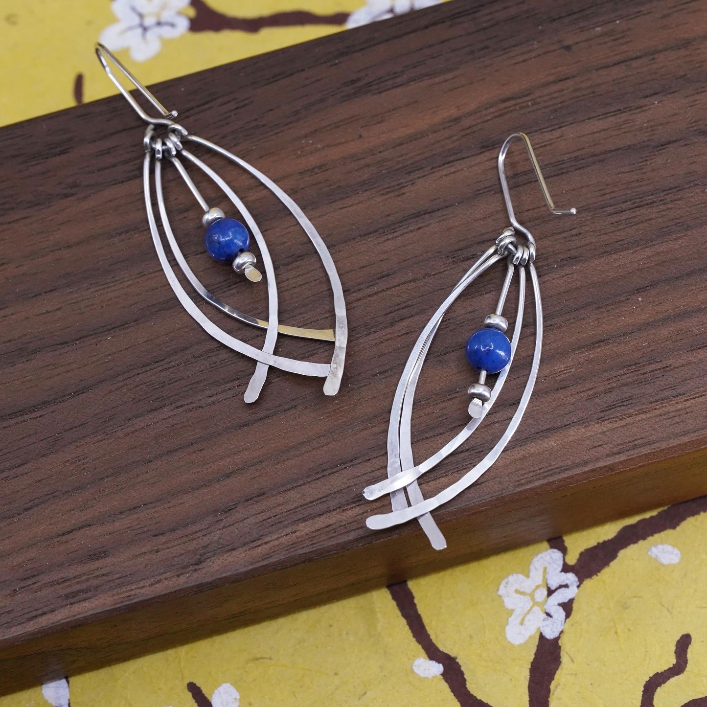 Vinatge Sterling 925 Silver Handmade fridge Earrings with lapis lazuli bead