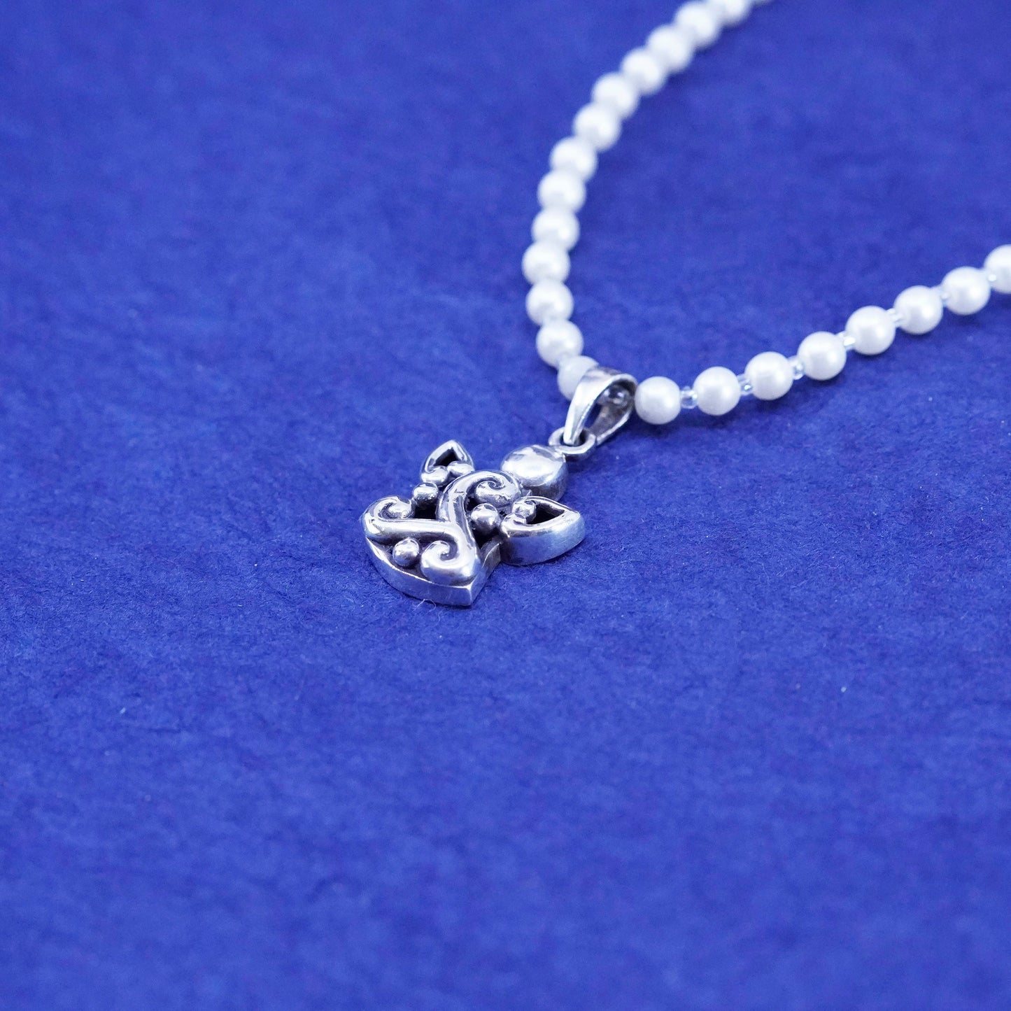 18”, vintage silver tone necklace, faux pearl beaded chain with filigree Angel