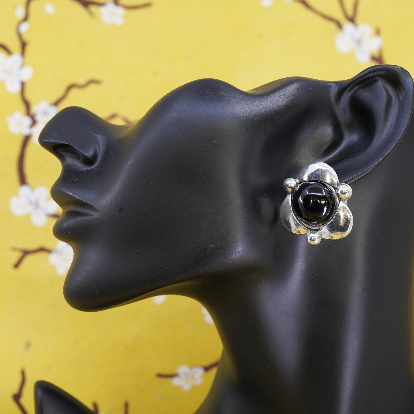 Mexican Sterling silver earrings, studs, huge 925 floral studs with black onyx