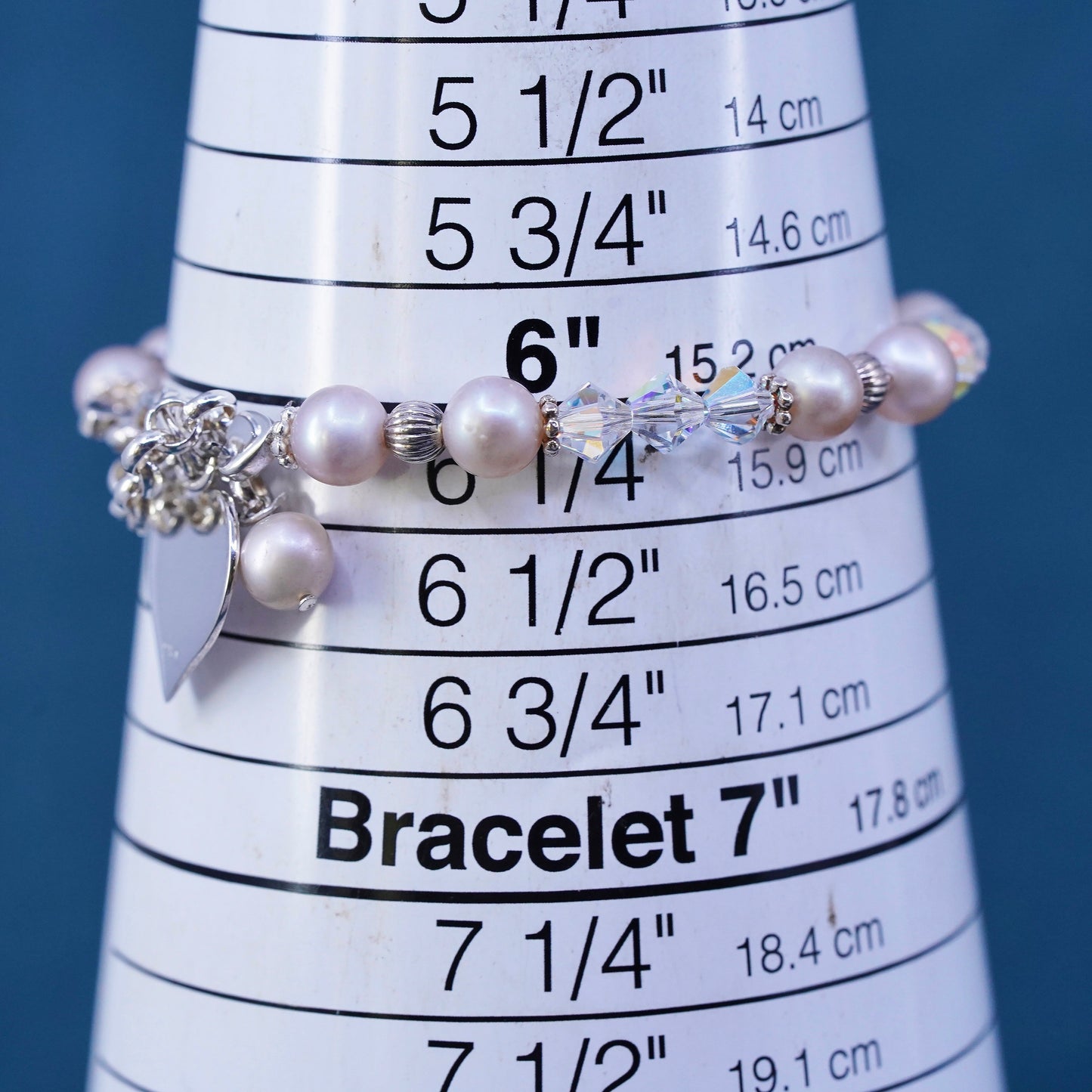 6+1", vintage Judith Jack Sterling 925 silver bracelet with pearl heart charm
