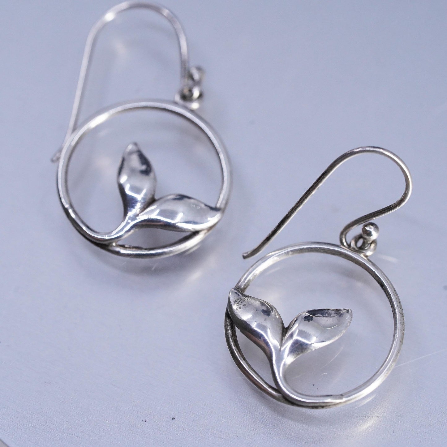 Vintage Sterling 925 silver handmade leaf circle earrings