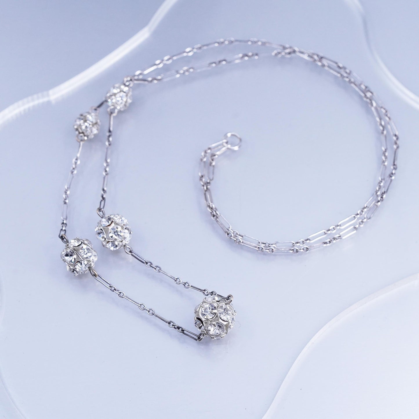 24”, vintage Sterling 925 silver elongated chain pendant necklace with Cz beads