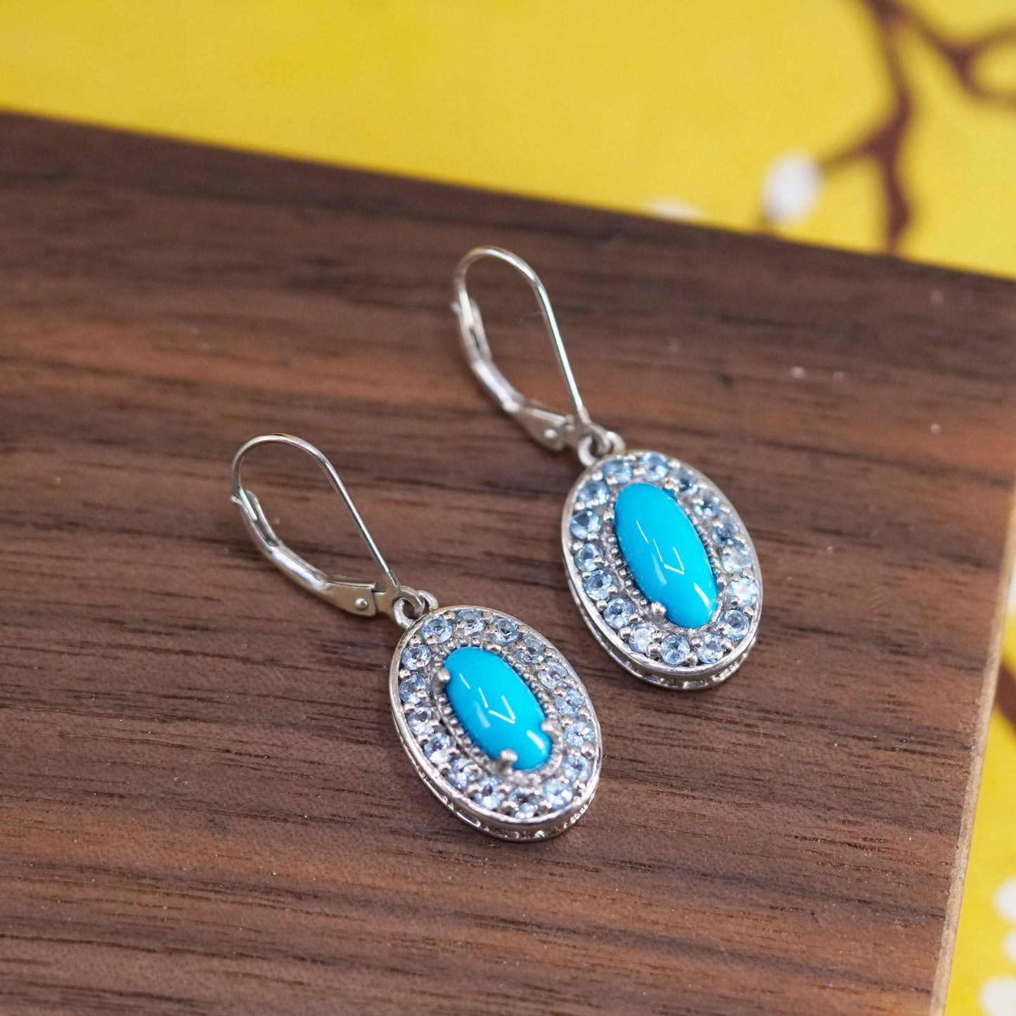 Vintage Sterling 925 silver handmade oval earrings with turquoise and blue cz