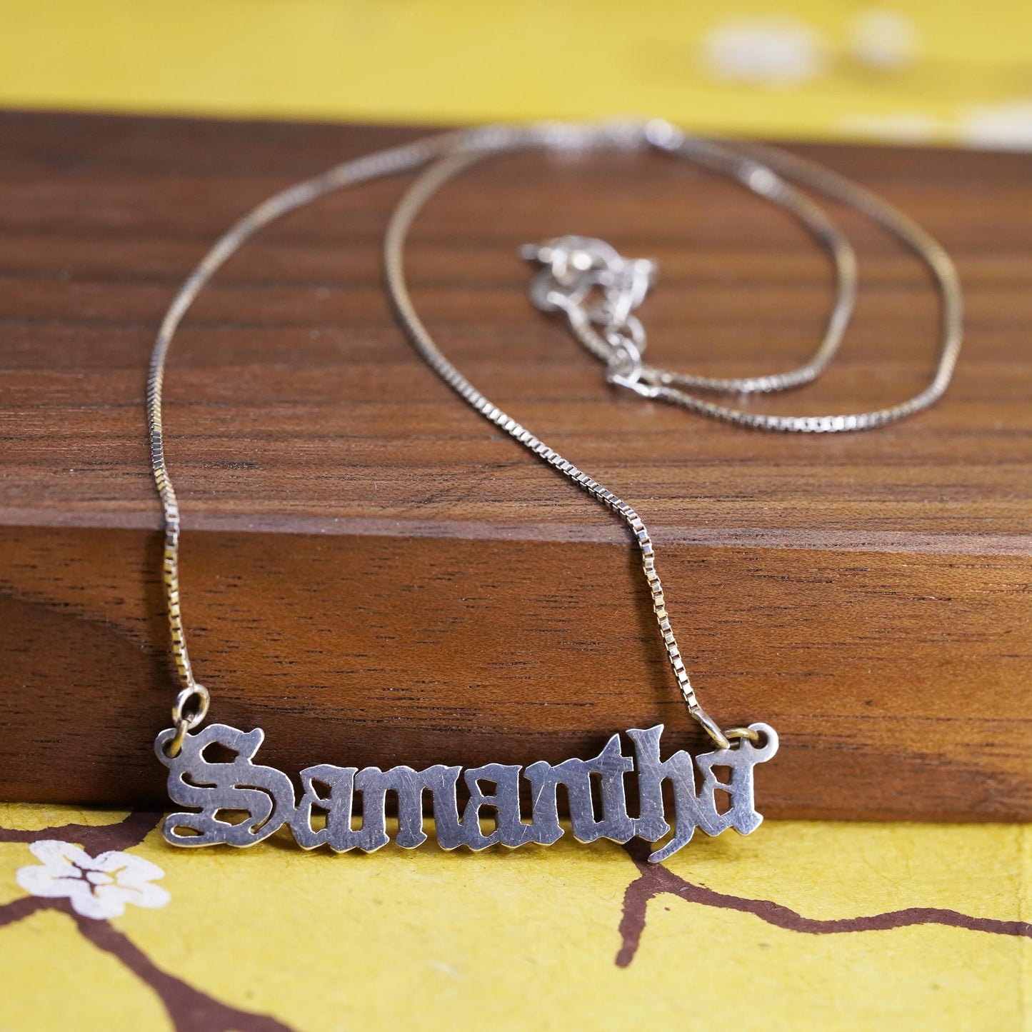 16+1" 1mm, vintage Sterling silver necklace, 925 box chain with name “Samantha”