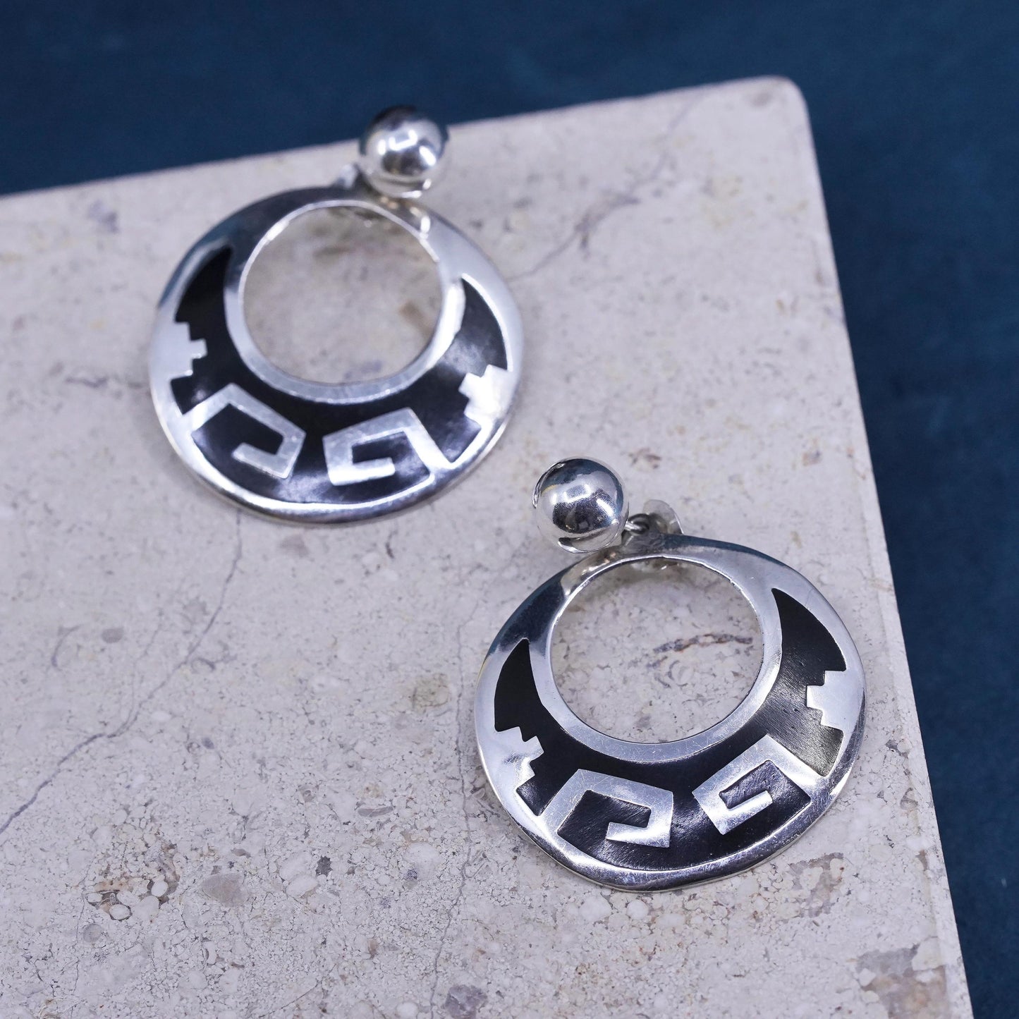 Vintage Mexican Sterling Silver Earrings. 925 circle dangles enamel Greek key