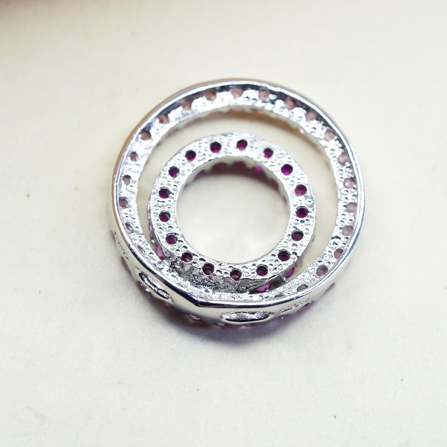 Vintage sterling silver Pendant, 925 double circle with ruby and pink crystal
