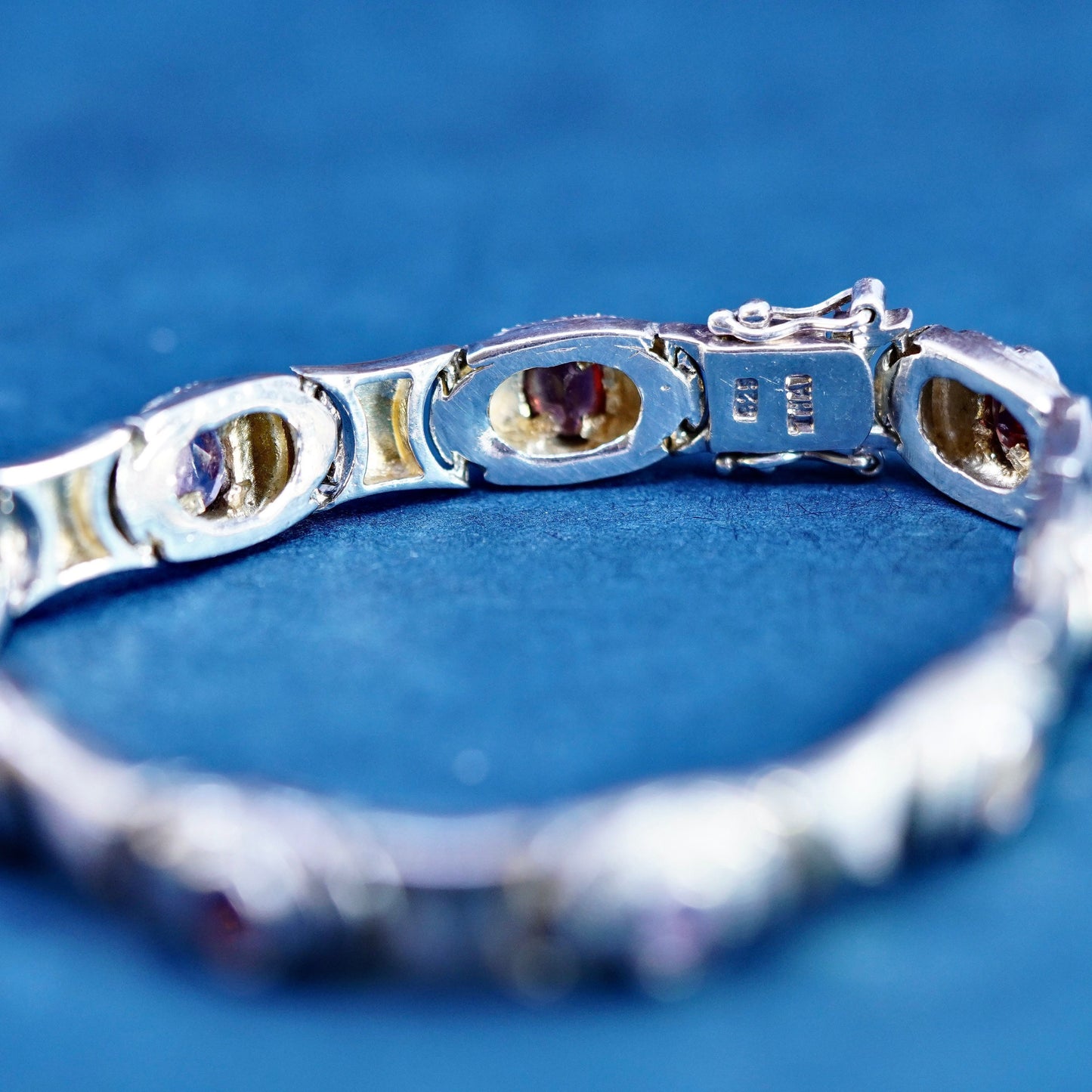 7”, Sterling 925 silver tennis bracelet amethyst, peridot, ruby, citrine topaz