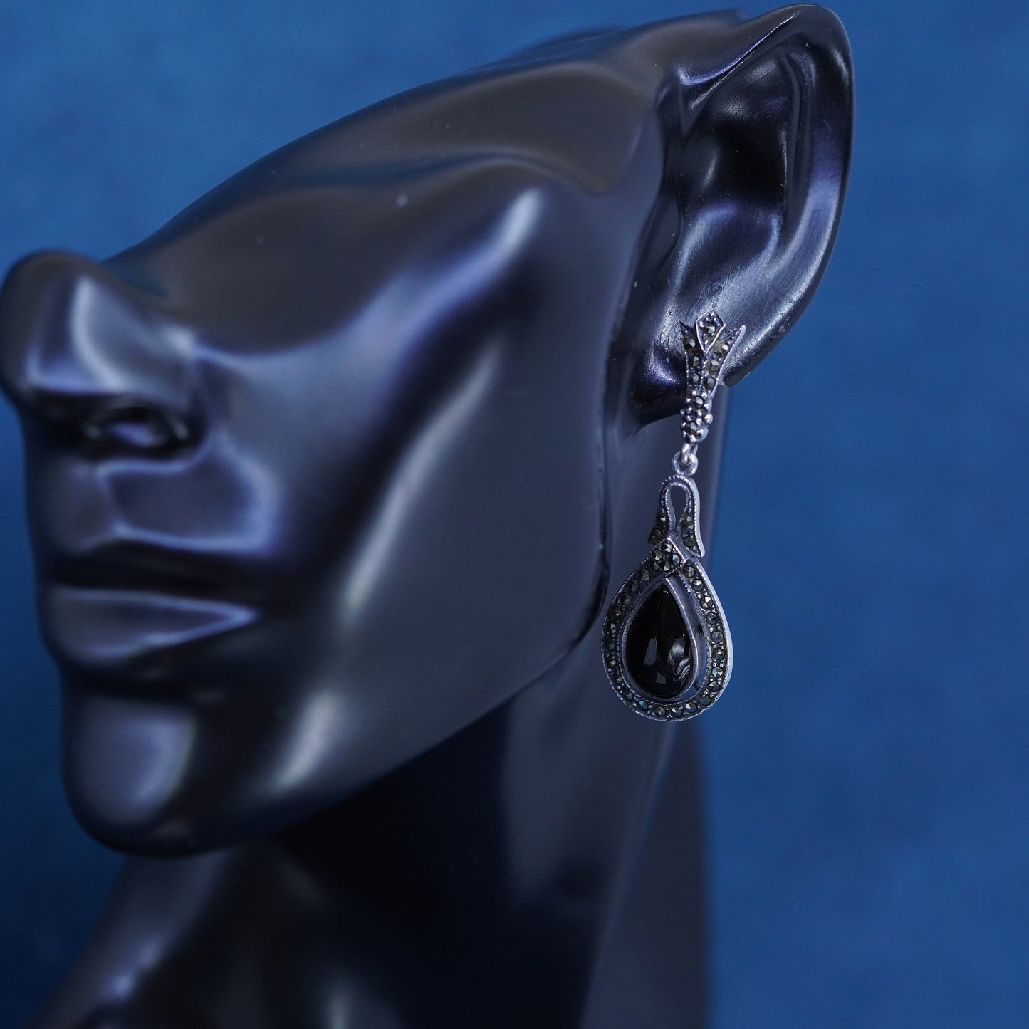 sterling 925 silver handmade teardrop earrings with obsidian and marcasite
