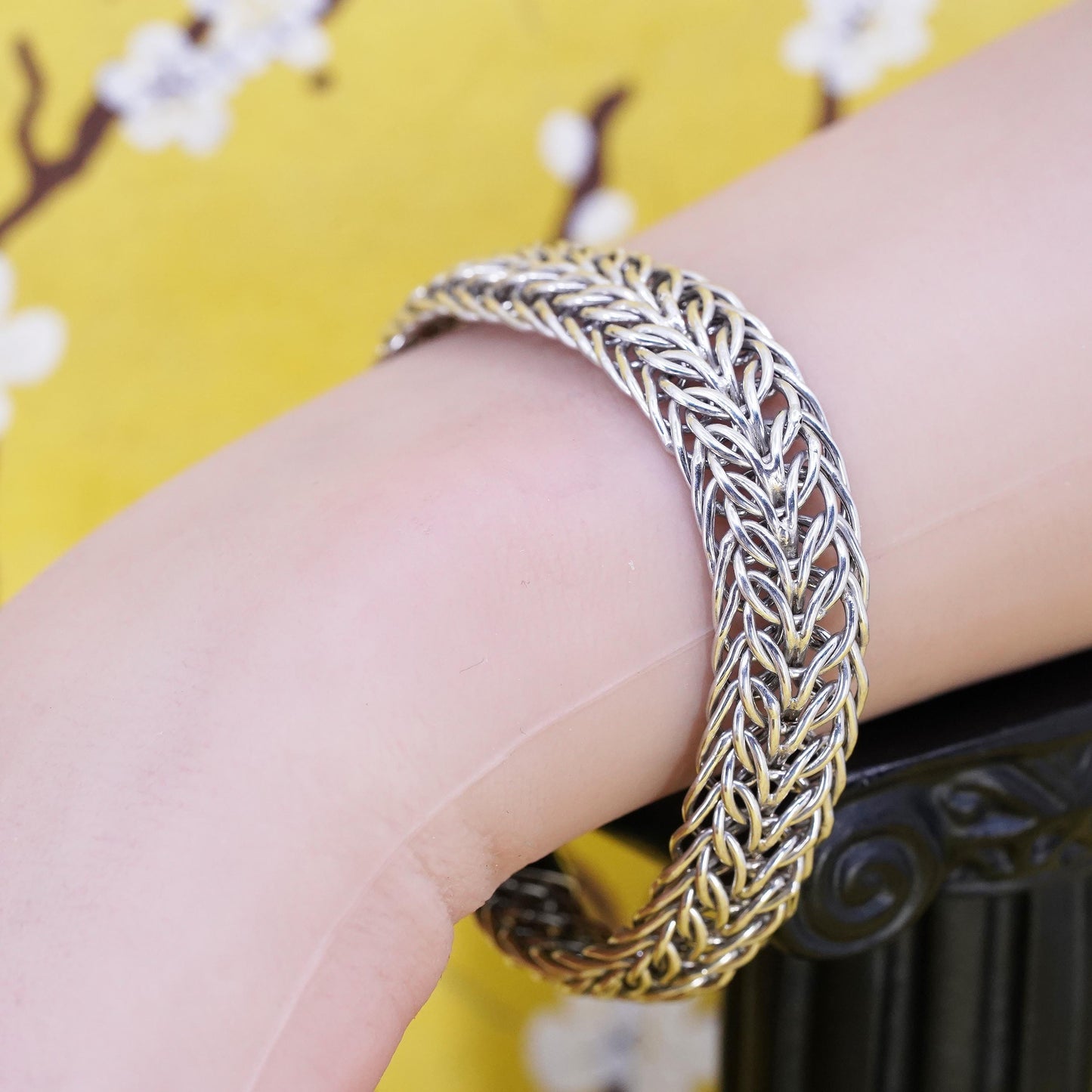 6.5" 12mm, Vintage Turkish Sterling silver flatten wheat chain, 925 bracelet